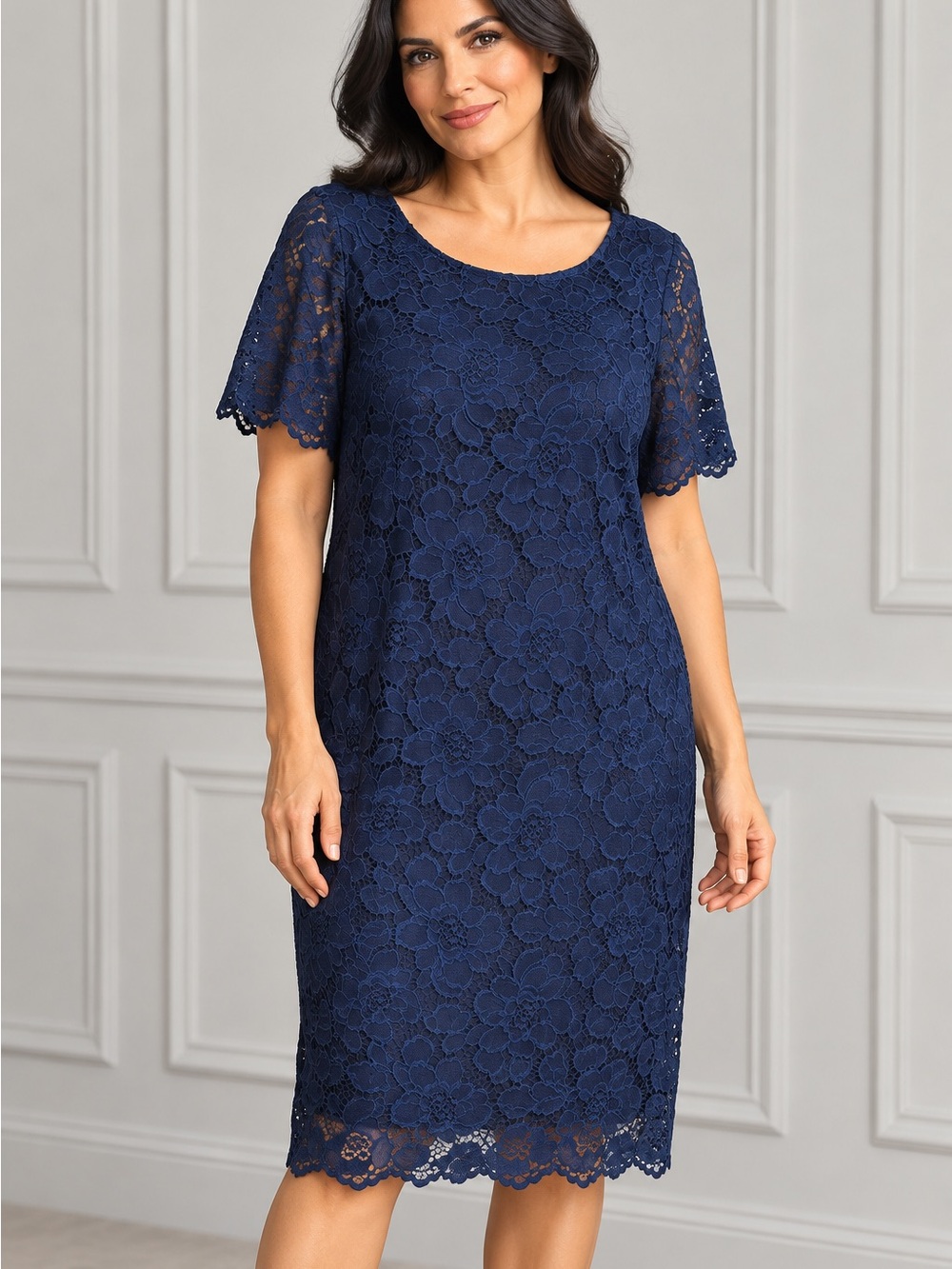 Ronni Nicole Navy Floral Lace Midi Shift Dress with Short Sleeves